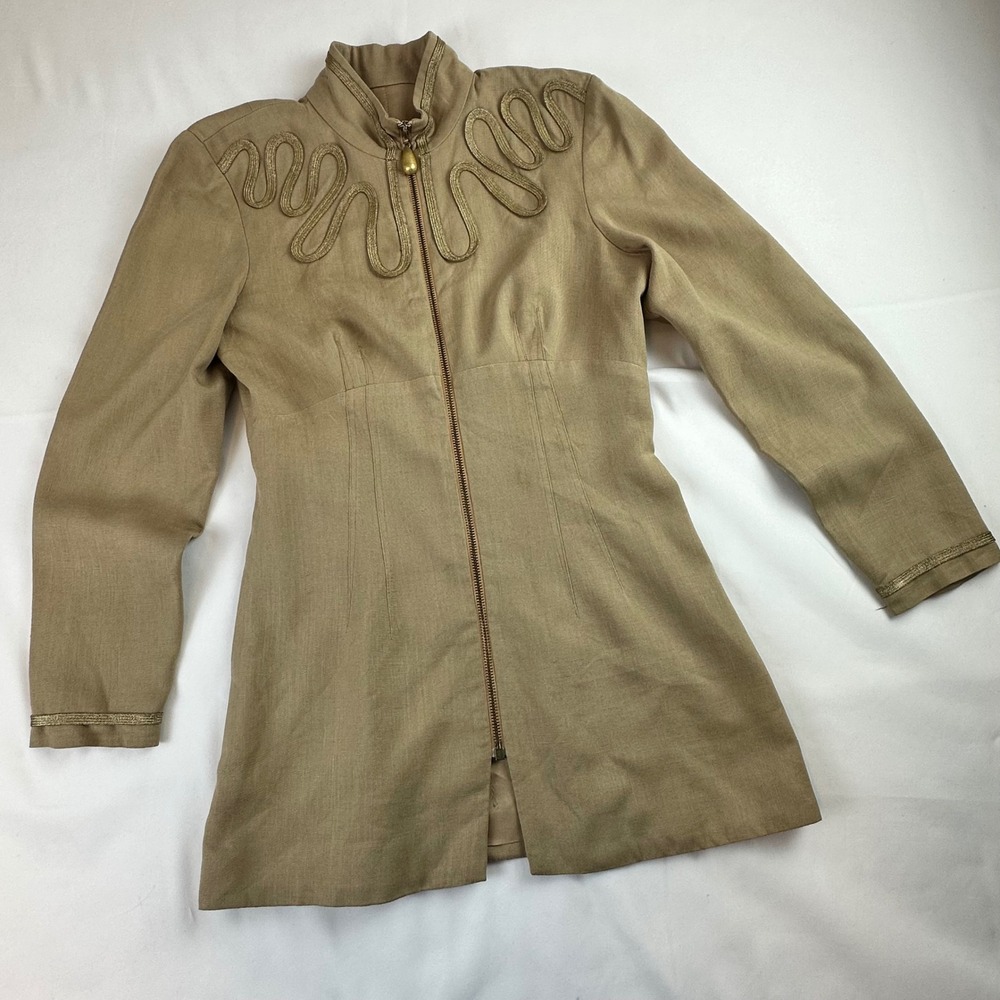 JJ Collections‎ Vintage Tan Linen Military Jacket Gold Soutache Trim Zip Front